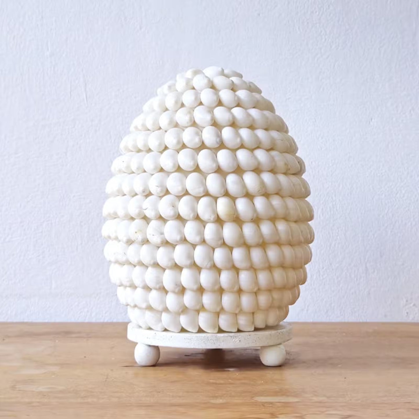 Handcrafted LED Boho Seashell Lamp - Small - Oval, unlit with white shell discs and three rounded feet by Quintessential Holistic Health Ltd