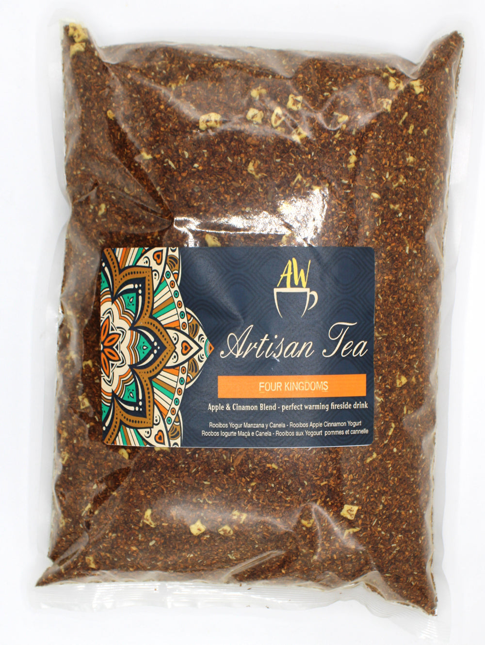 Four Kingdoms Blend Artisan Tea - Bagged - 1kg in a tall clear bag with a teal-accented dark label by Quintessential Holistic Health Ltd