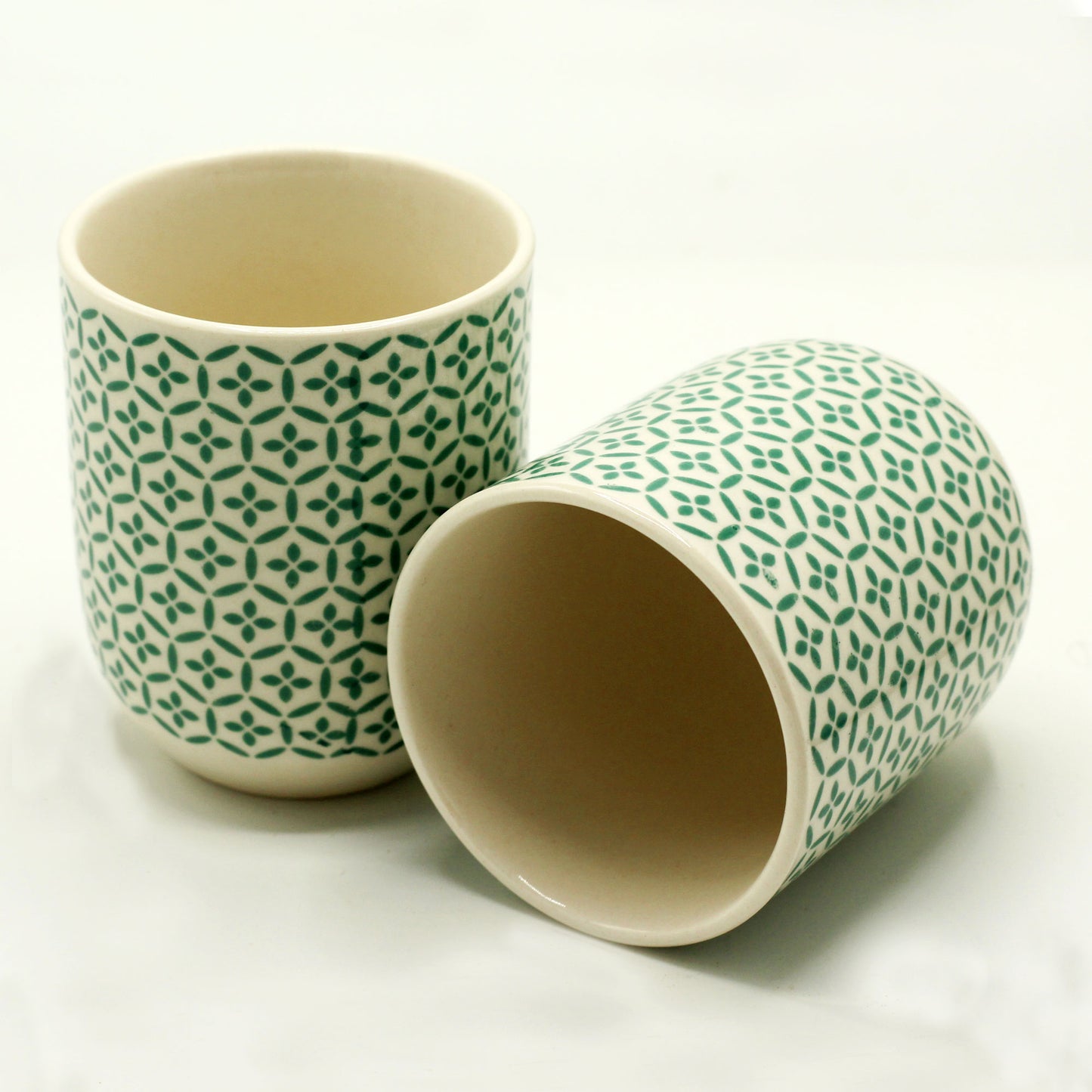 2 Ceramic Green Mosaic Design Herbal Tea Cups with One Lying Down