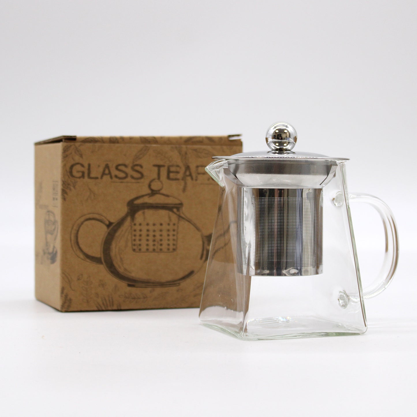 350ml Glass Tower Infuser Teapot with Stainless Steel Strainer in front of Packaging Box