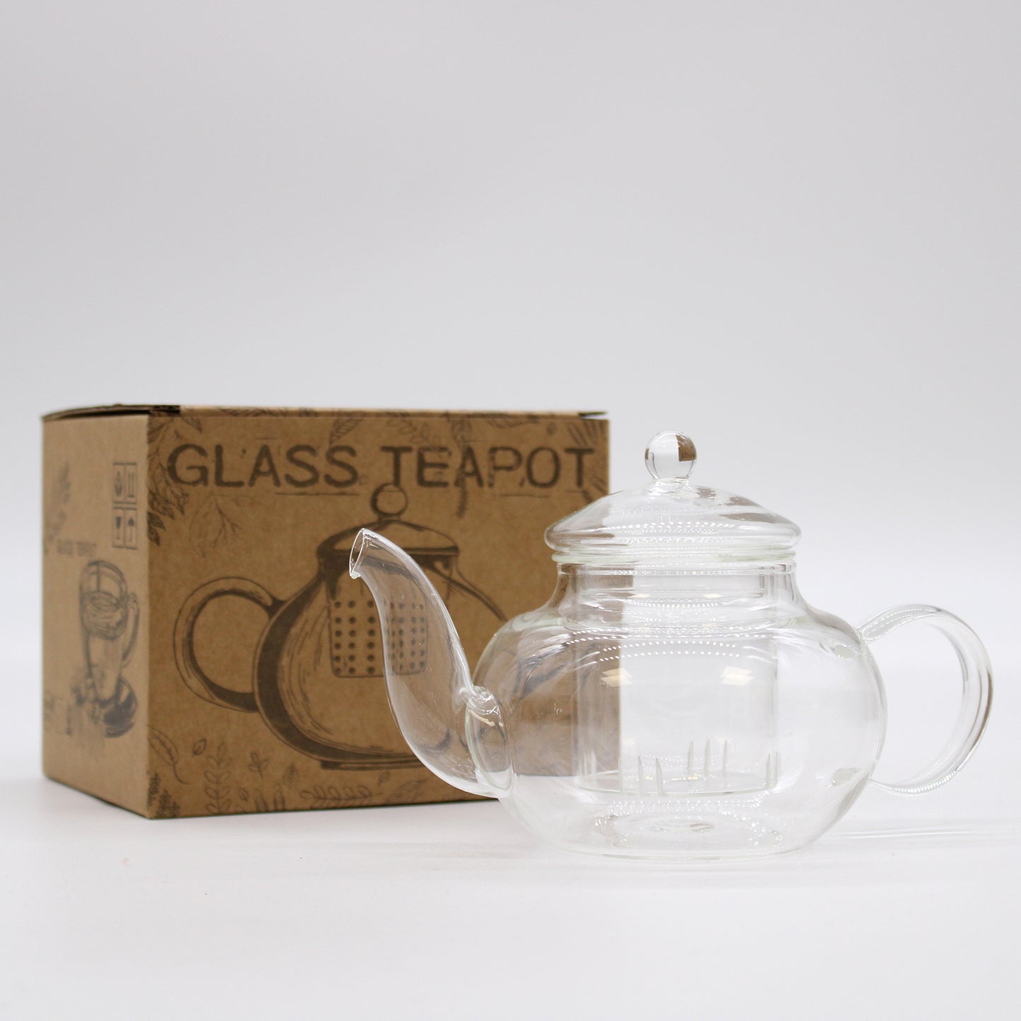 400ml Glass Round Pearl Infuser Teapot Sitting in front of Packaging Box