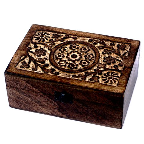 Mango Wood Hand Carved Aromatherapy Essential Oil Box - Floral Design for 24 Bottles