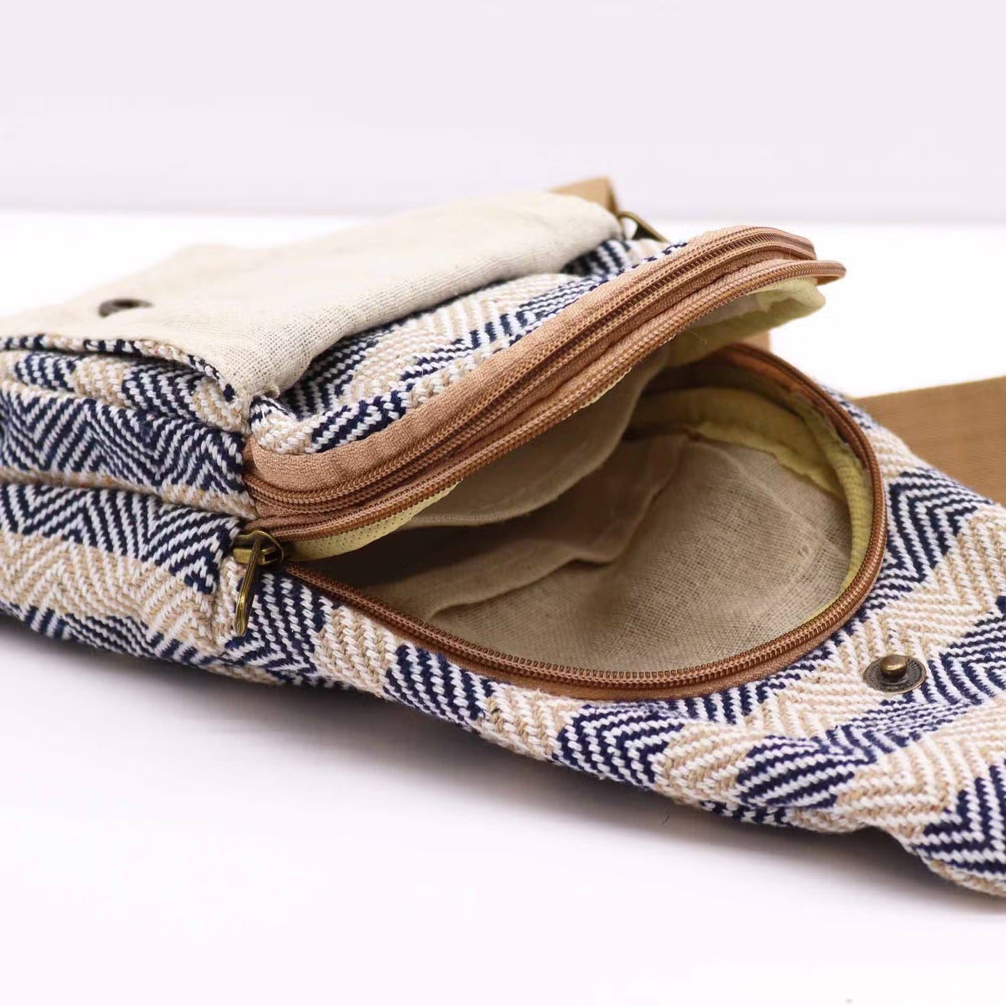 Striped Spacious and Stylish Natural Cotton Cross-Body Bag - Navy Blue and Beige