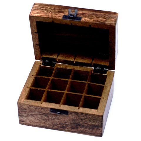 Mango Wood Hand Carved Aromatherapy Essential Oil Box - Floral Design for 12 Bottles