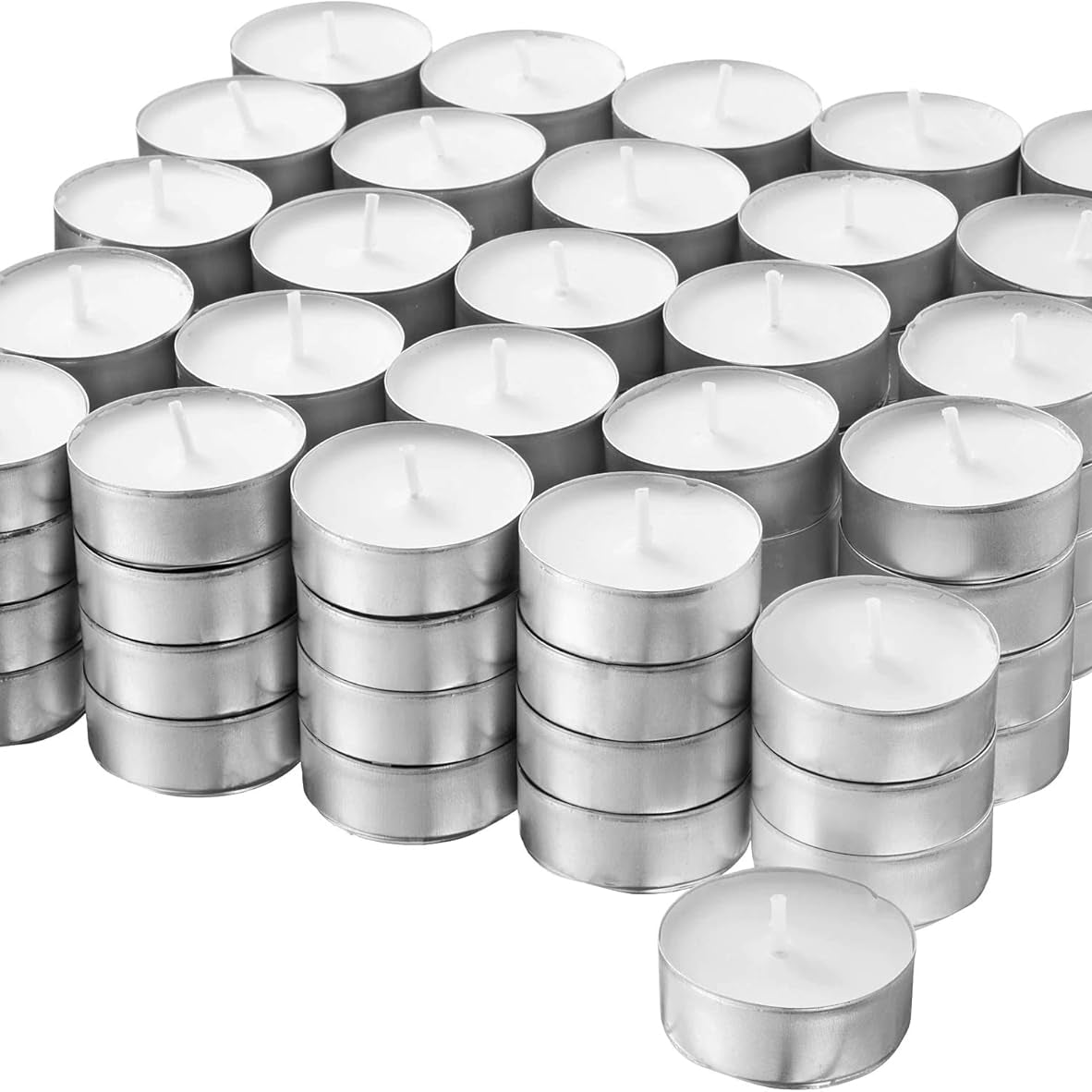 Unscented Tea Lights - 100 Pack, rows of white candles in silver-coloured metal cups, by Quintessential Holistic Health Ltd