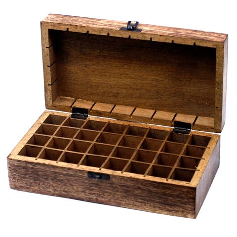Mango Wood Hand Carved Aromatherapy Essential Oil Box - Floral Design for 32 Bottles