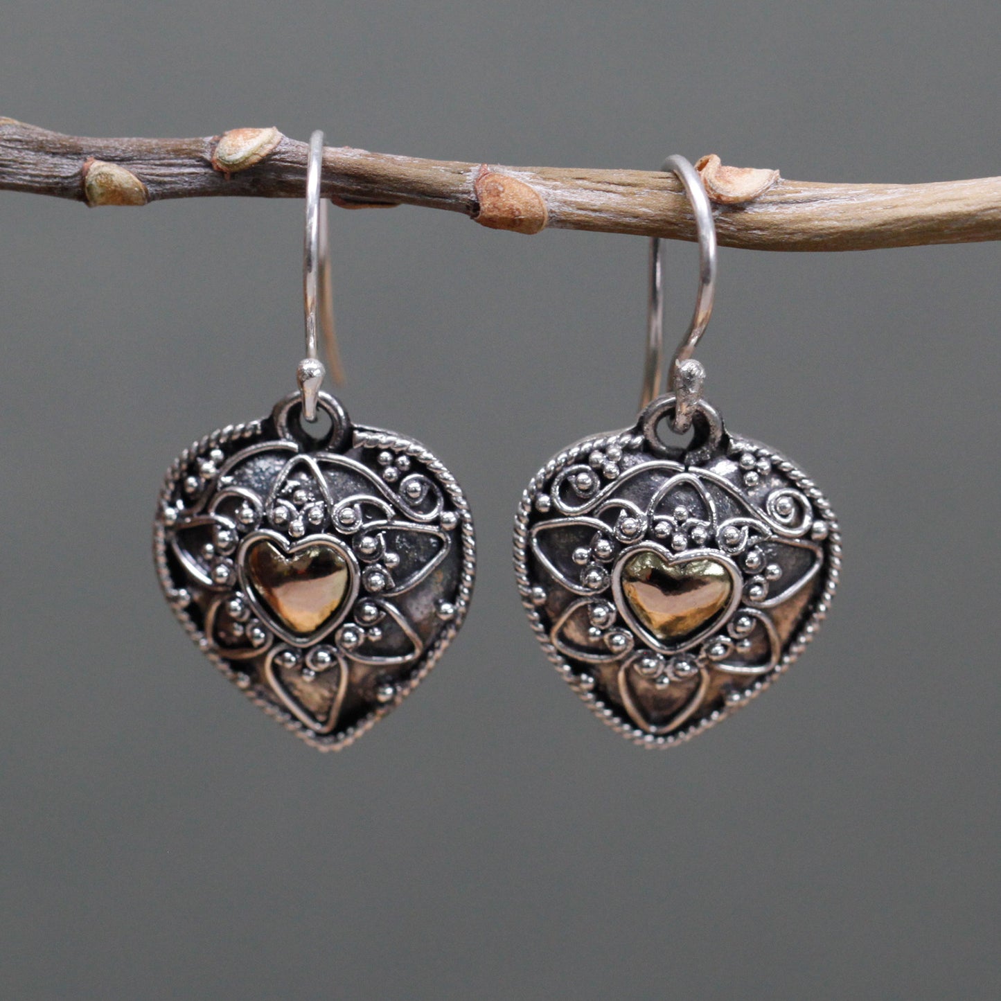 Handmade Silver and Gold Earrings - Mandala Hearts Hanging From a Tree Branch