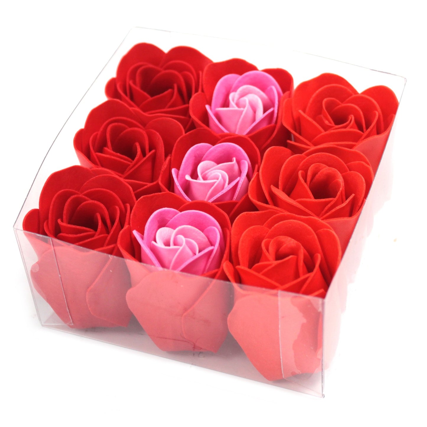 Open Square Box of 9 Roses from the Luxury Flower Shaped Soaps - Red Collection