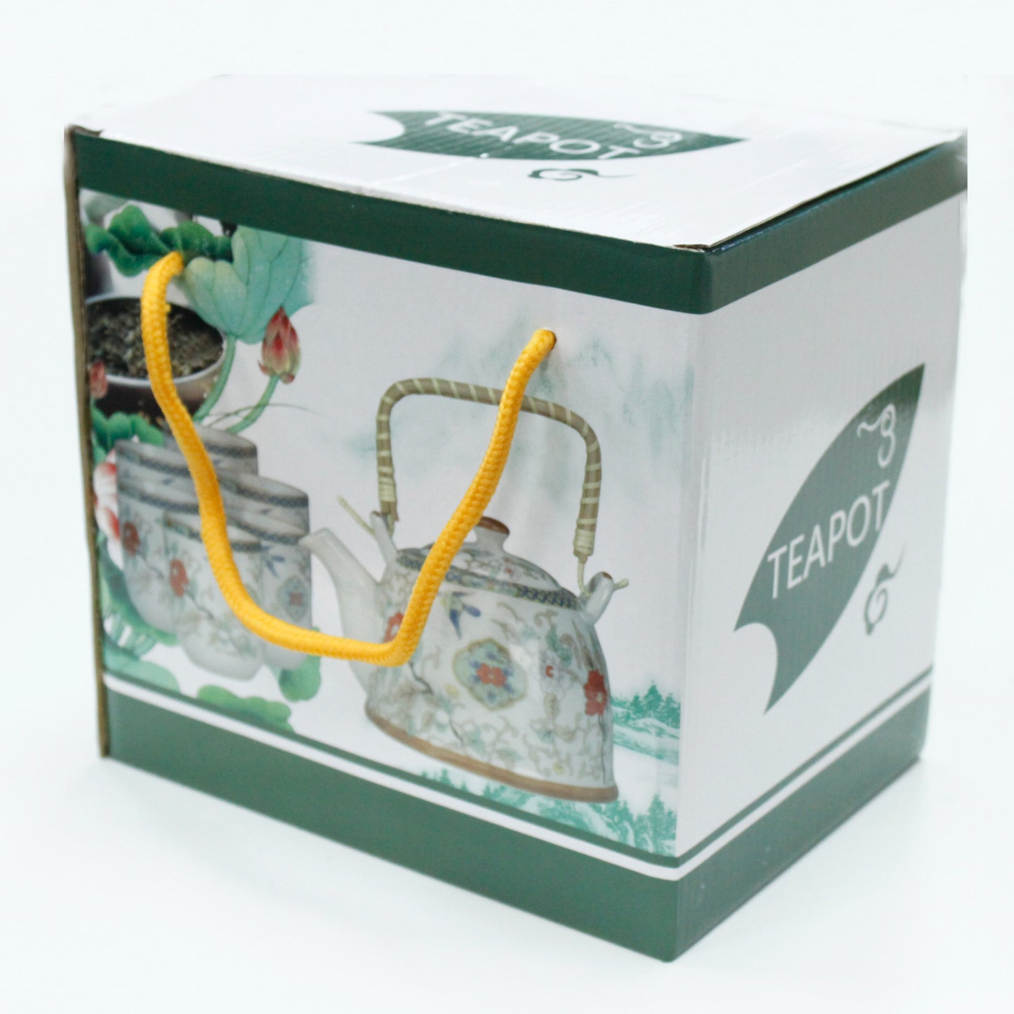 Packaging Style Box for the 650ml Chinese Fan Design Glazed Ceramic Teapot with a Strainer and a 6 Matching Cup Set