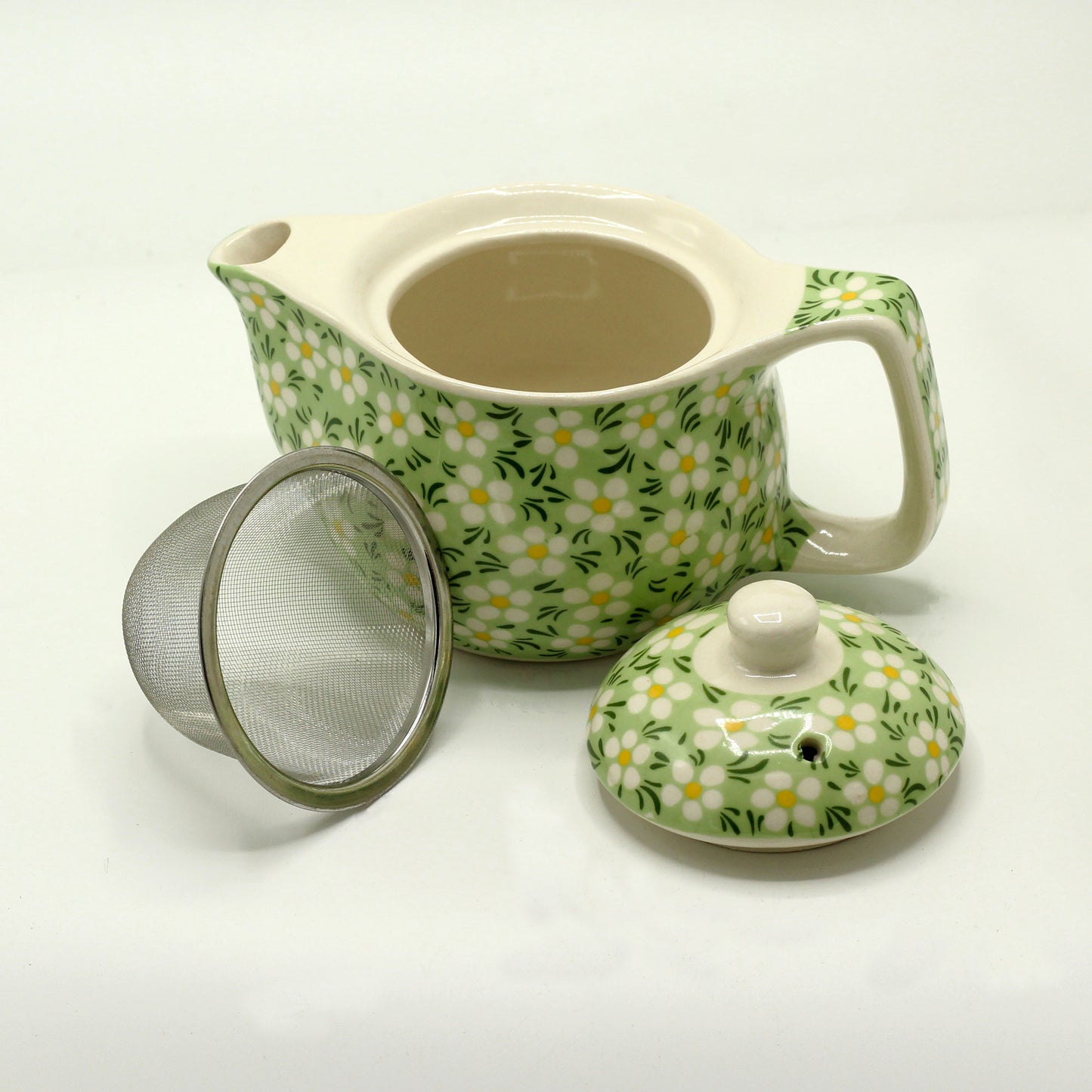 Small Ceramic Green Daisy Design Herbal Teapot and Strainer
