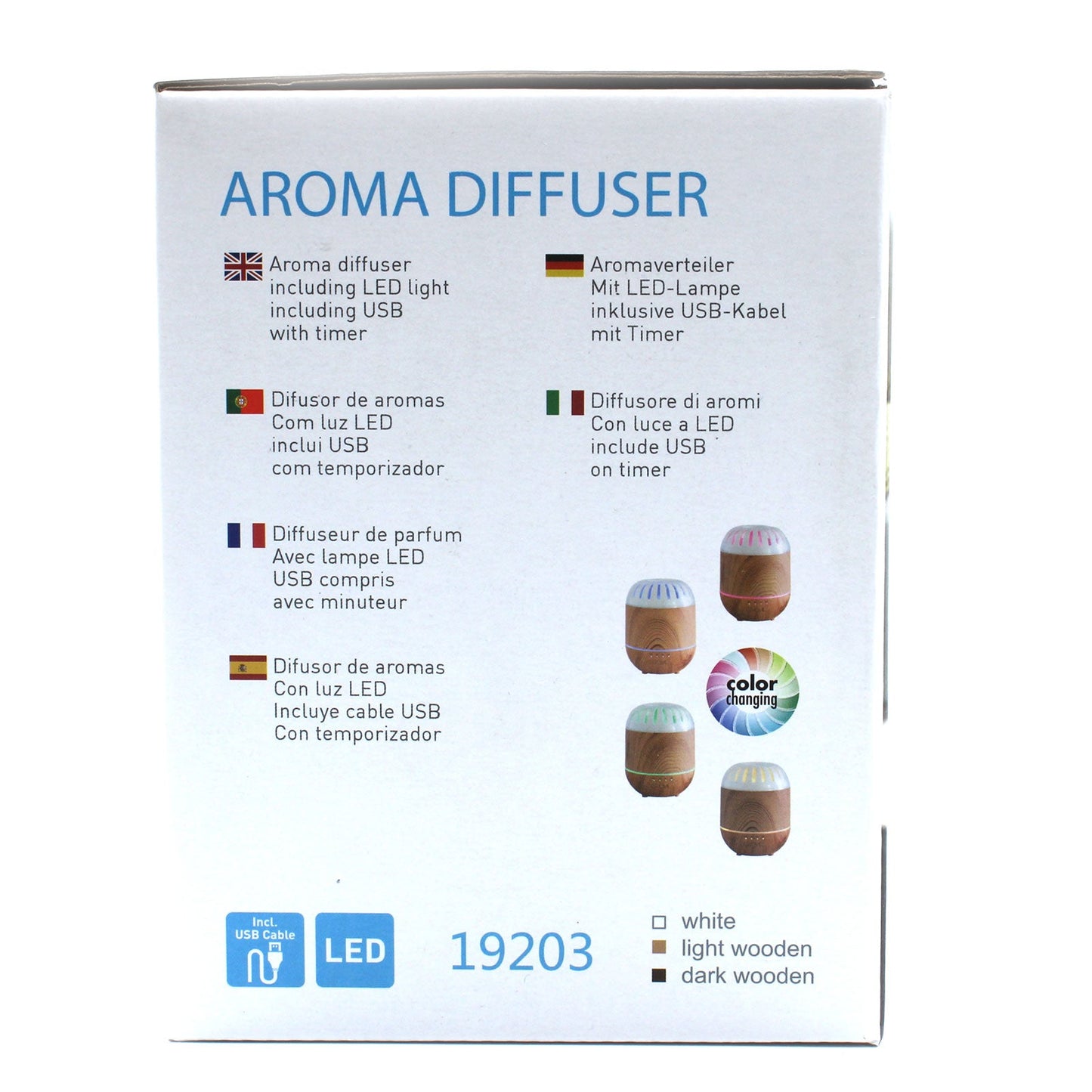 Colour-Changing USB Aroma Diffuser - Palermo, retail box panel showing colour options and model number 19203, by Quintessential Holistic Health Ltd