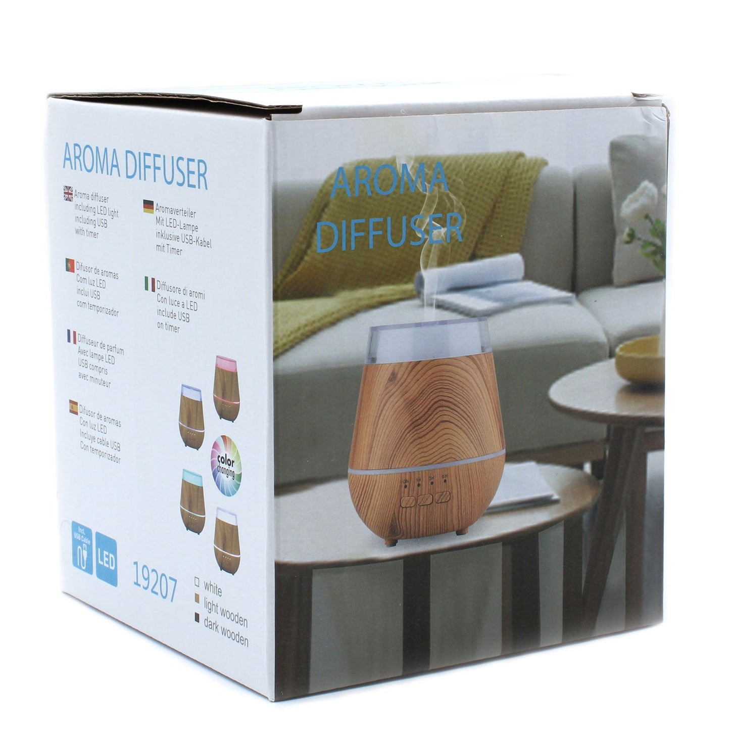 Colour-Changing USB Aroma Diffuser - Helsinki, printed box showing a wood-grain diffuser beside a sofa, by Quintessential Holistic Health Ltd