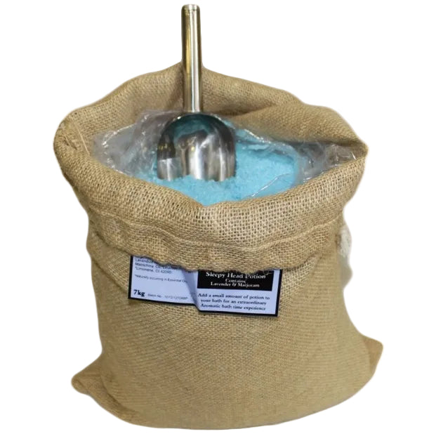 Sleepy Head Potion Bath Salts - 7 kg Hessian Sack, open sack of bright blue granules with a metal scoop by Quintessential Holistic Health Ltd
