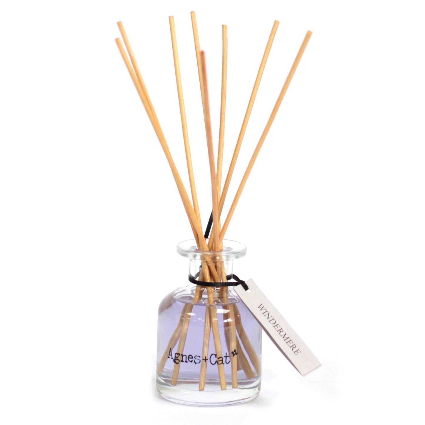 Reed Diffuser - Windermere - 140ml, pale purple bottle with natural-coloured reeds and a cream hanging tag, by Quintessential Holistic Health Ltd