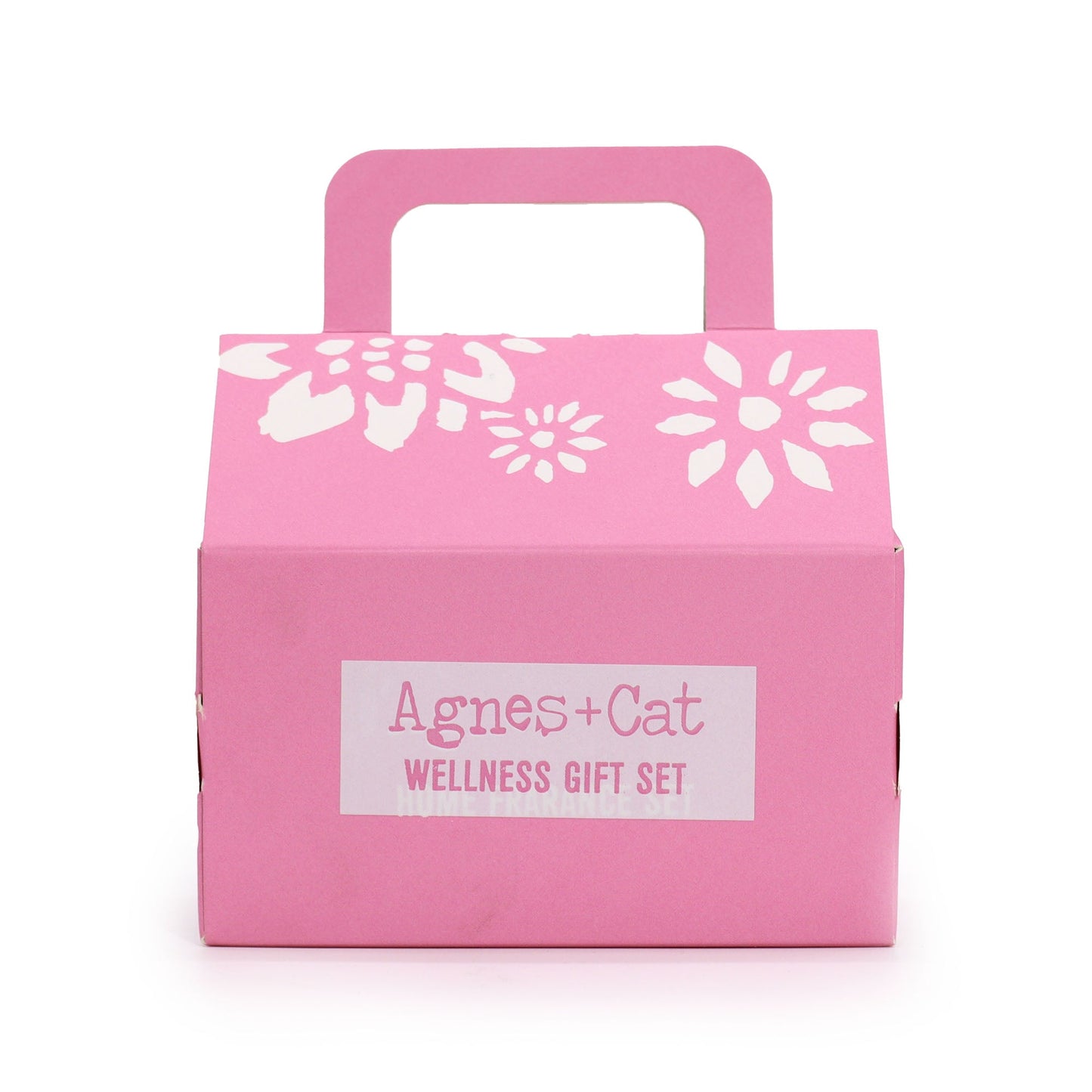 Handmade Personal Wellness Gift Set - Bloom and Bliss, closed pink box with white floral decoration and a printed label, by Quintessential Holistic Health Ltd
