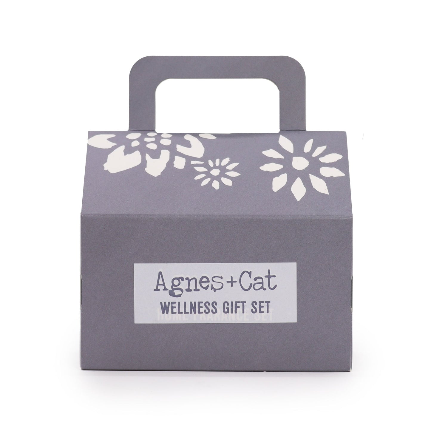 Handmade Personal Wellness Gift Set - Lake Breeze, closed grey box with white floral decoration and a printed label, by Quintessential Holistic Health Ltd