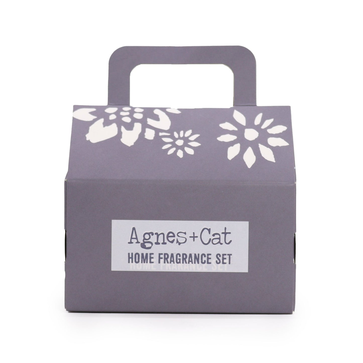 Handmade Home Fragrance Gift Set - Windermere, closed grey box with white floral decoration and a printed label, by Quintessential Holistic Health Ltd