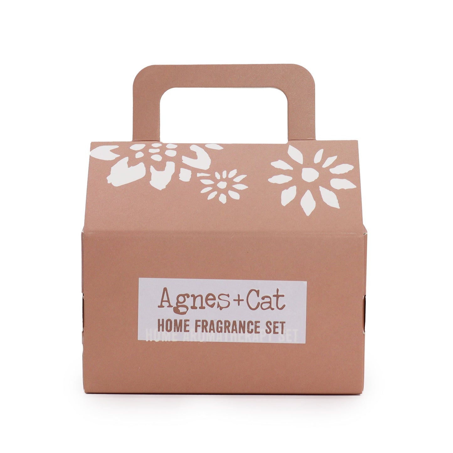 Handmade Home Fragrance Gift Set - Moroccan showing a closed brown carry box with white floral decoration and printed label by Quintessential Holistic Health Ltd