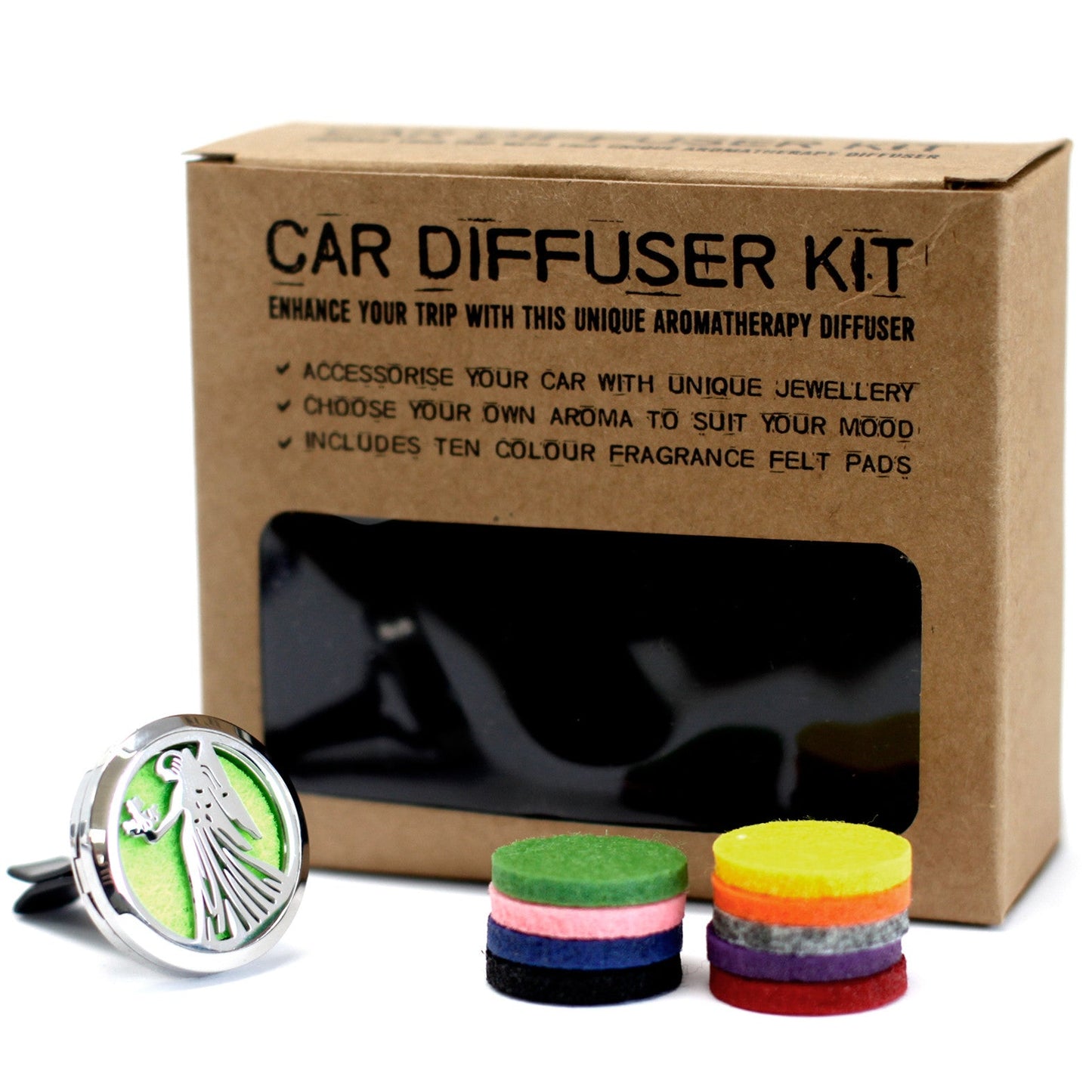 Car Essential Oil Air Freshener Diffuser Kit inc 10 - Guardian Angel, displayed with a branded box and coloured discs, by Quintessential Holistic Health Ltd