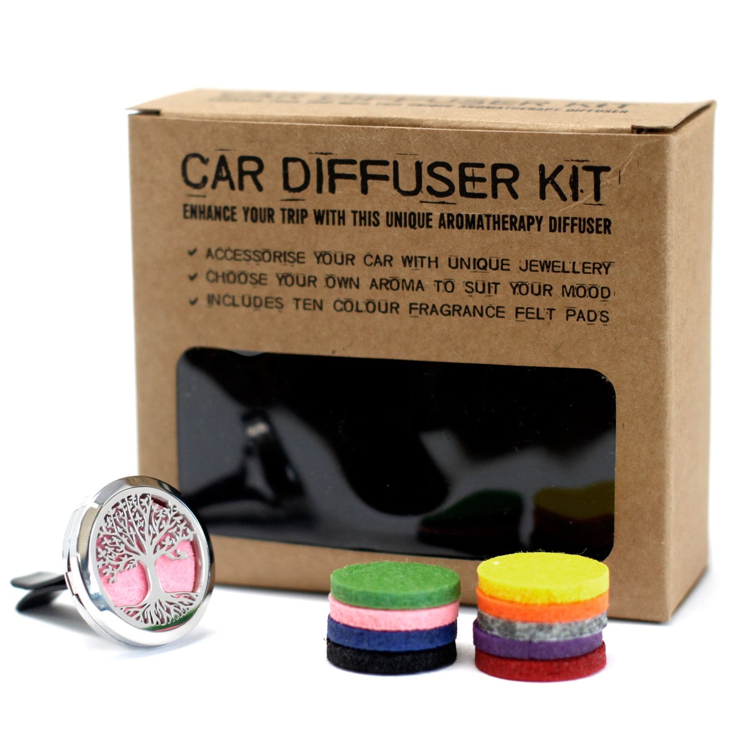 Car Essential Oil Air Freshener Diffuser Kit inc 10 - Tree of Life beside a labelled box and stacks of colourful round pads by Quintessential Holistic Health Ltd