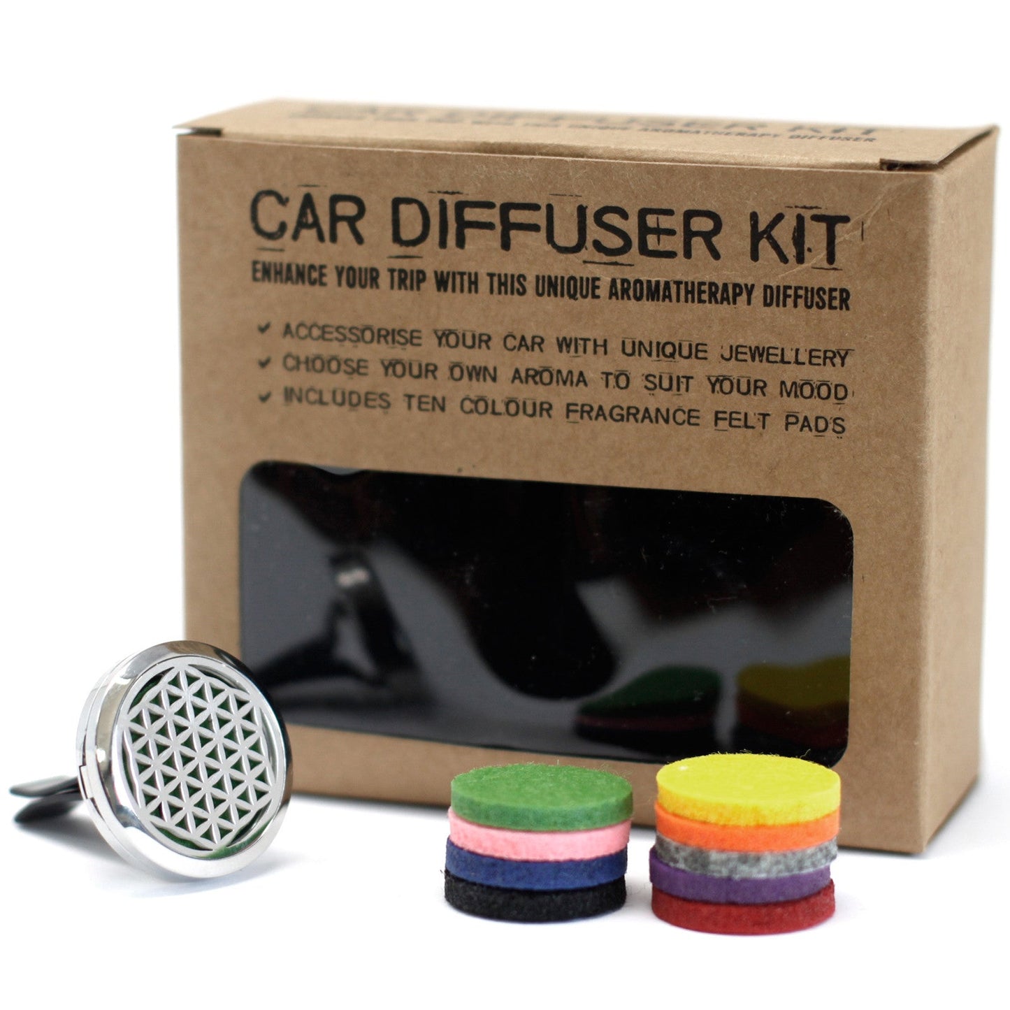 30 mm Stainless-Steel Car Oil Diffuser Kit, 10 Pads - Flower of Life, beside a labelled box and stacks of coloured pads, by Quintessential Holistic Health Ltd