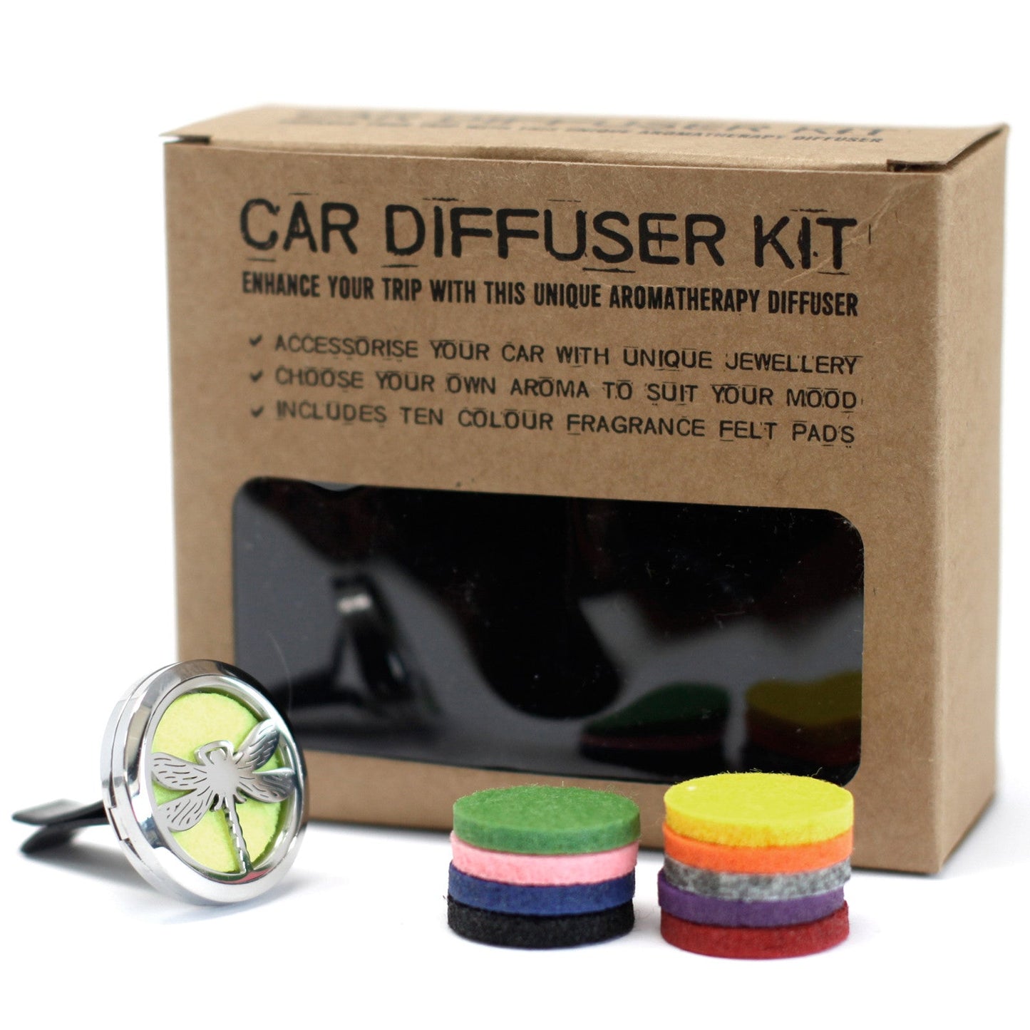 30 mm Stainless-Steel Car Oil Diffuser Kit, 10 Pads - Dragonfly, beside a labelled box and stacks of coloured pads, by Quintessential Holistic Health Ltd