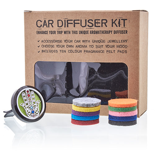 Car Essential Oil Air Freshener Diffuser Kit inc 10 Refill Pads - Hamsa product packaging on clean background from Quintessential Holistic Health Ltd