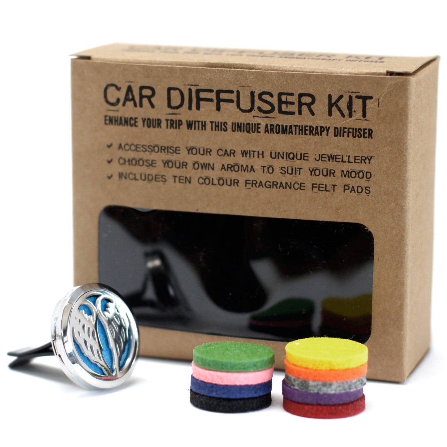 30 mm Stainless-Steel Car Oil Diffuser Kit, 10 Pads - Angel Wings, beside a labelled box and stacks of coloured pads, by Quintessential Holistic Health Ltd