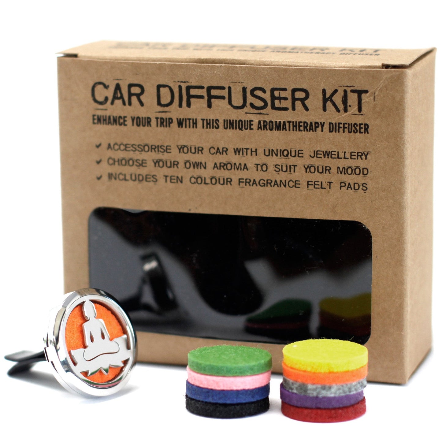 Car Essential Oil Air Freshener Diffuser Kit inc 10 - Lotus Buddha, displayed with a branded box and stacks of coloured discs, by Quintessential Holistic Health Ltd
