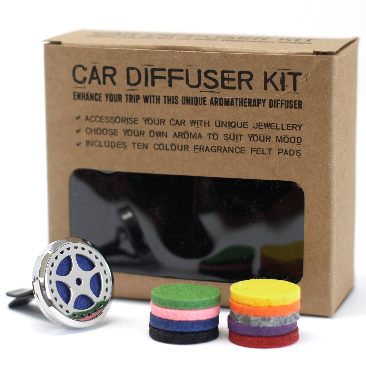 30 mm Stainless-Steel Car Oil Diffuser Kit, 10 Pads - Auto Wheel, beside a labelled box and stacks of coloured pads, by Quintessential Holistic Health Ltd