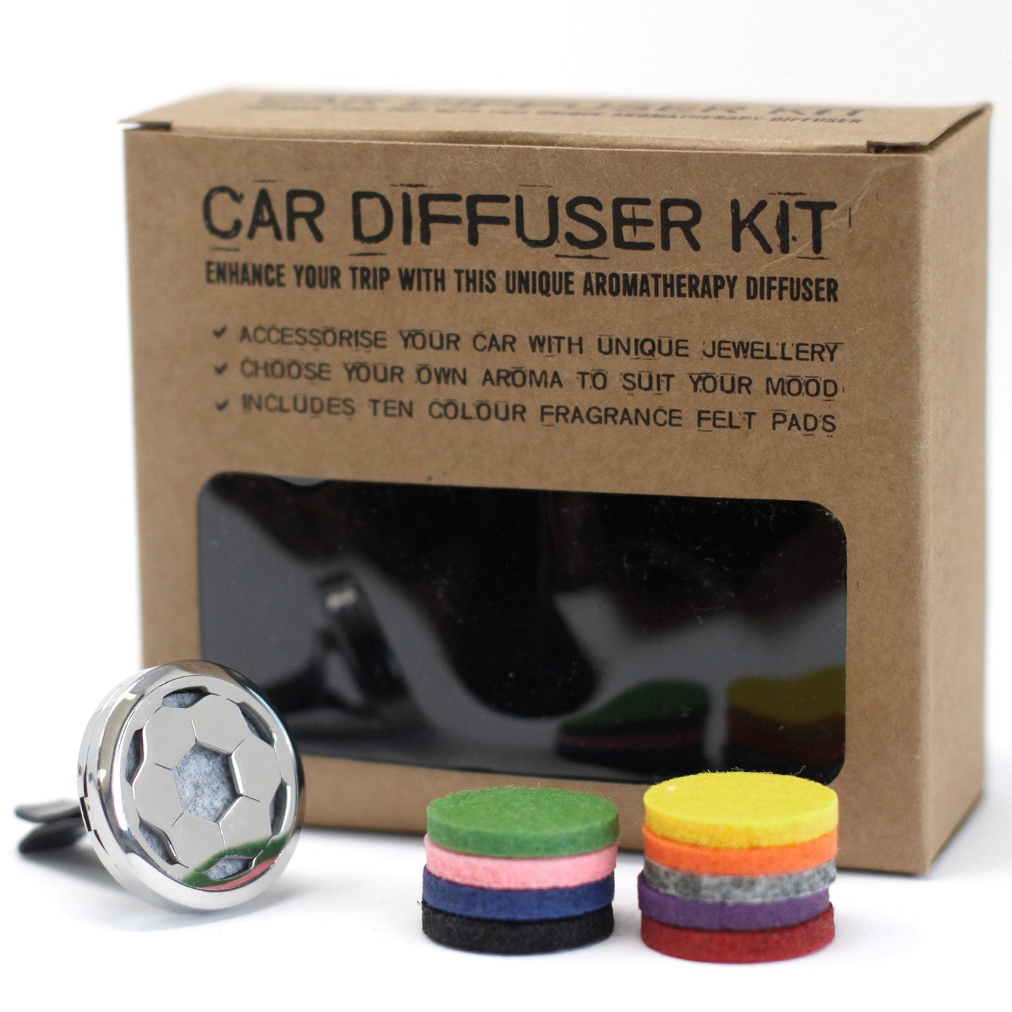 30 mm Stainless-Steel Car Oil Diffuser Kit, 10 Pads - Football, beside a labelled box and stacks of coloured pads, by Quintessential Holistic Health Ltd