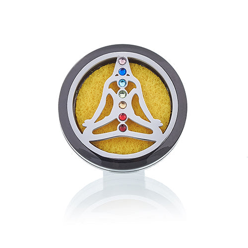 Car Essential Oil Air Freshener Diffuser Kit - Pewter Yoga Chakra with seated chakra figure in a round silver-tone frame by Quintessential Holistic Health Ltd