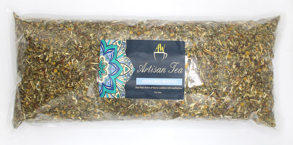 Mindfulness Meditation Blend Artisan Tea - Bagged - 1kg in a clear rectangular bag with a blue-accented label by Quintessential Holistic Health Ltd
