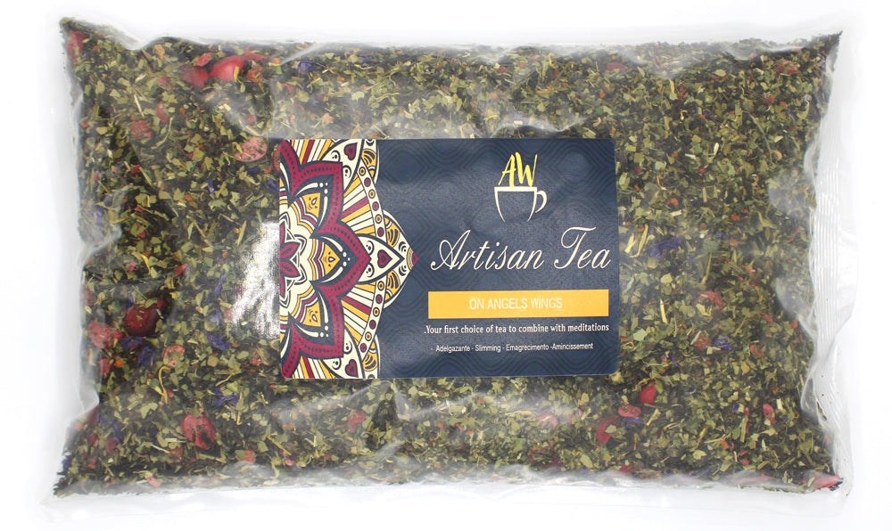 On Angels Wings Blend Artisan Tea - Bagged - 1kg in a large clear rectangular bag with a burgundy-accented label by Quintessential Holistic Health Ltd