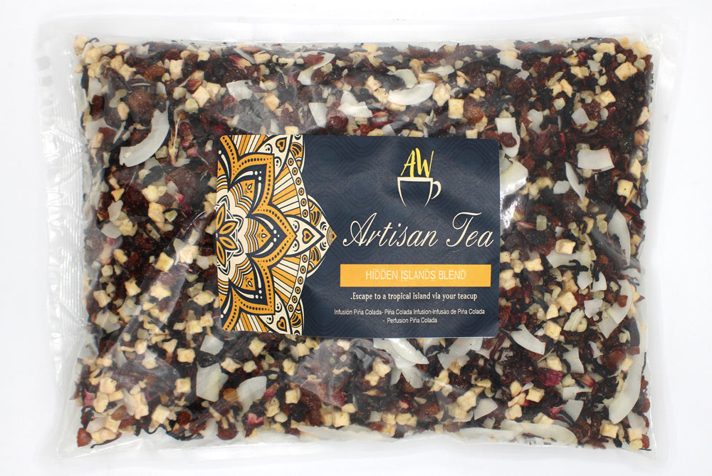 Hidden Islands Blend Artisan Tea - Bagged - 1kg in a clear rectangular bag with a dark branded label by Quintessential Holistic Health Ltd