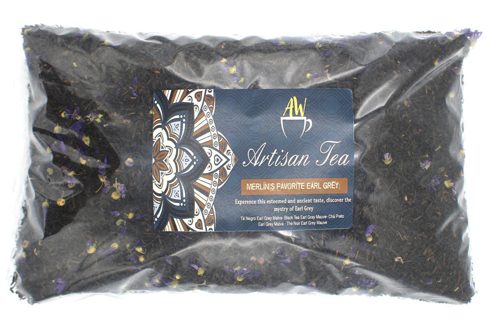 Merlin's Favourite Earl Grey Blend Artisan Tea - Bagged - 1kg in a large clear rectangular bag with a dark branded label by Quintessential Holistic Health Ltd