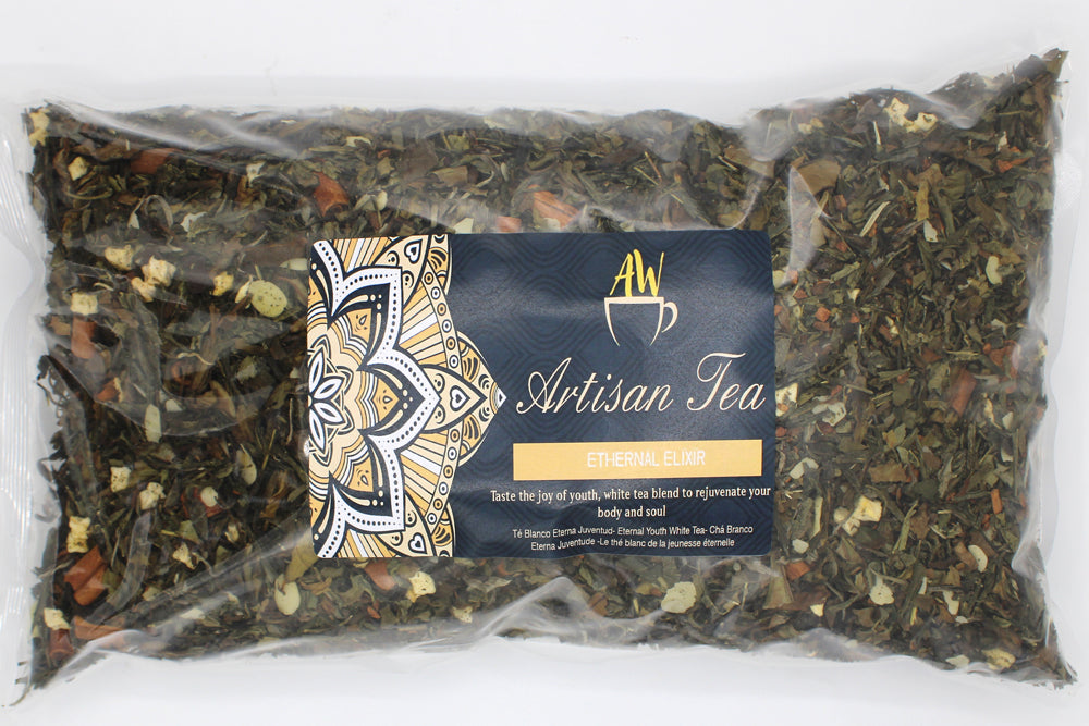 Eternal Elixir Artisan Blend White Tea - Bagged - 1kg, sealed clear bag filled with dried blend and bearing a dark floral label by Quintessential Holistic Health Ltd