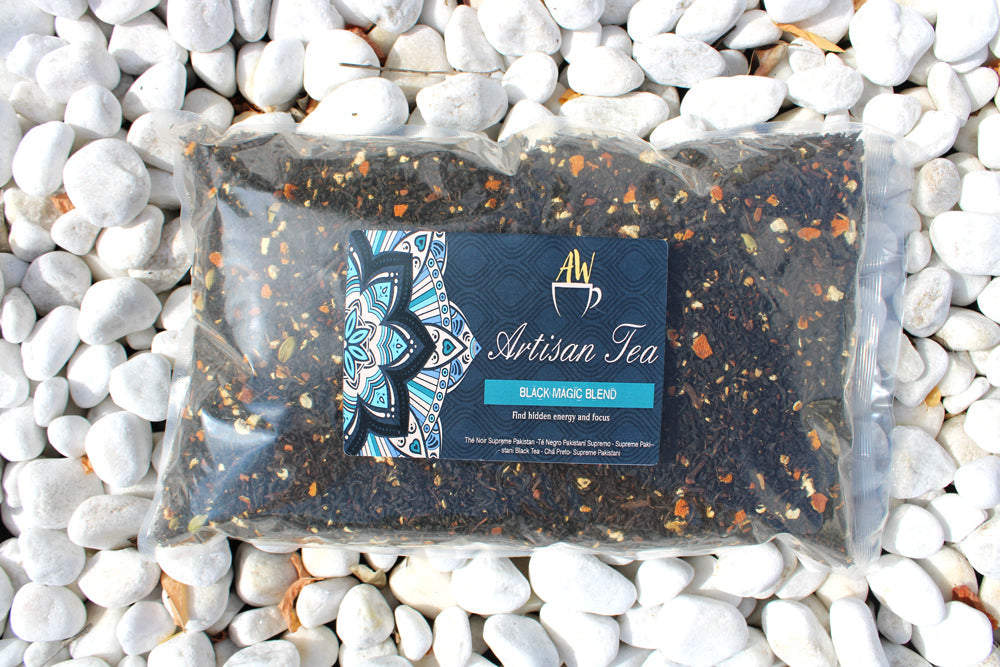 1Kg Black Magic Blend Artisan Tea product packaging on clean background from Quintessential Holistic Health Ltd