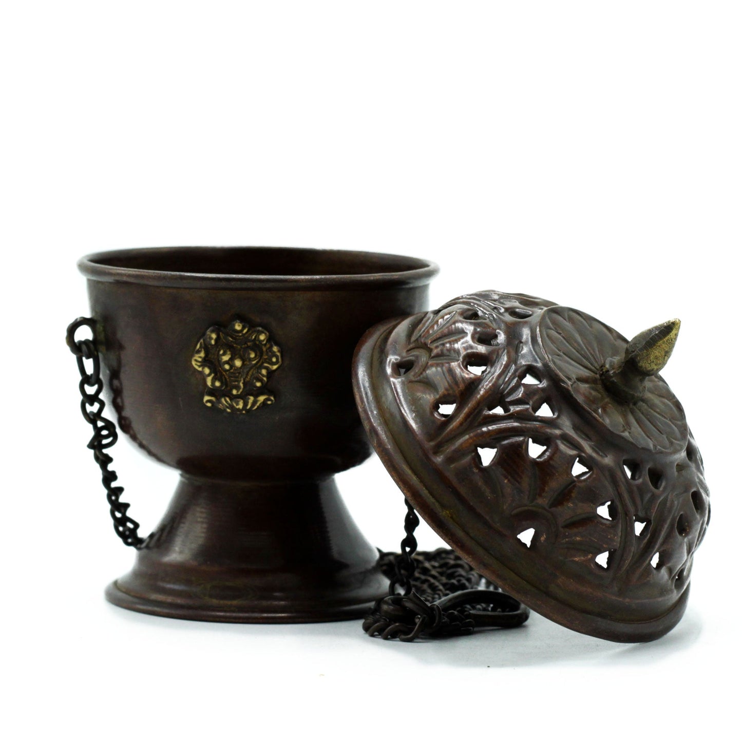 Copper Hanging Incense Burner - Tibetan with detached pierced lid and coiled hanging chain by Quintessential Holistic Health Ltd