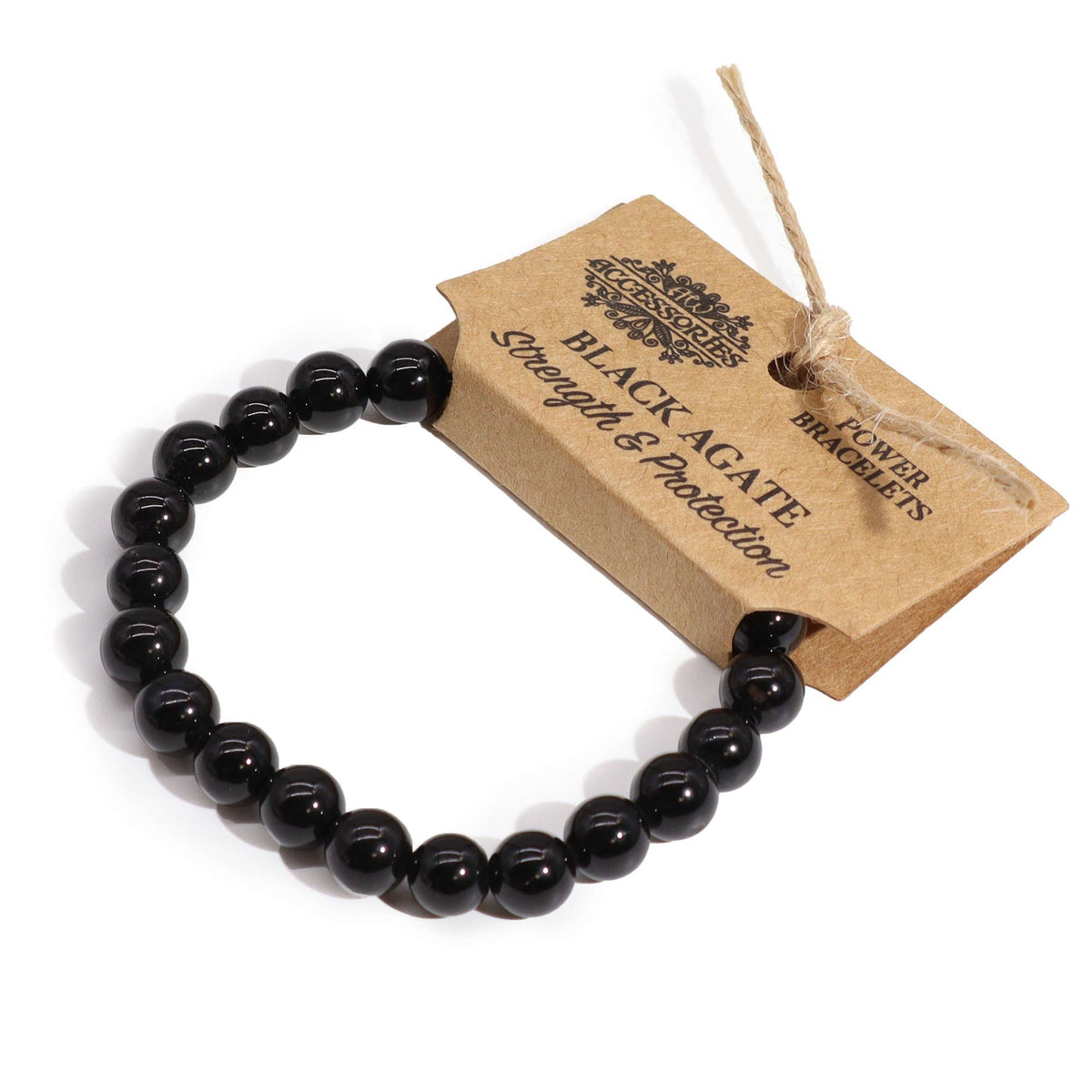 Black Agate Gemstone Power Bracelet - 7 × 0.8cm, polished round black beads with an attached brown card, by Quintessential Holistic Health Ltd
