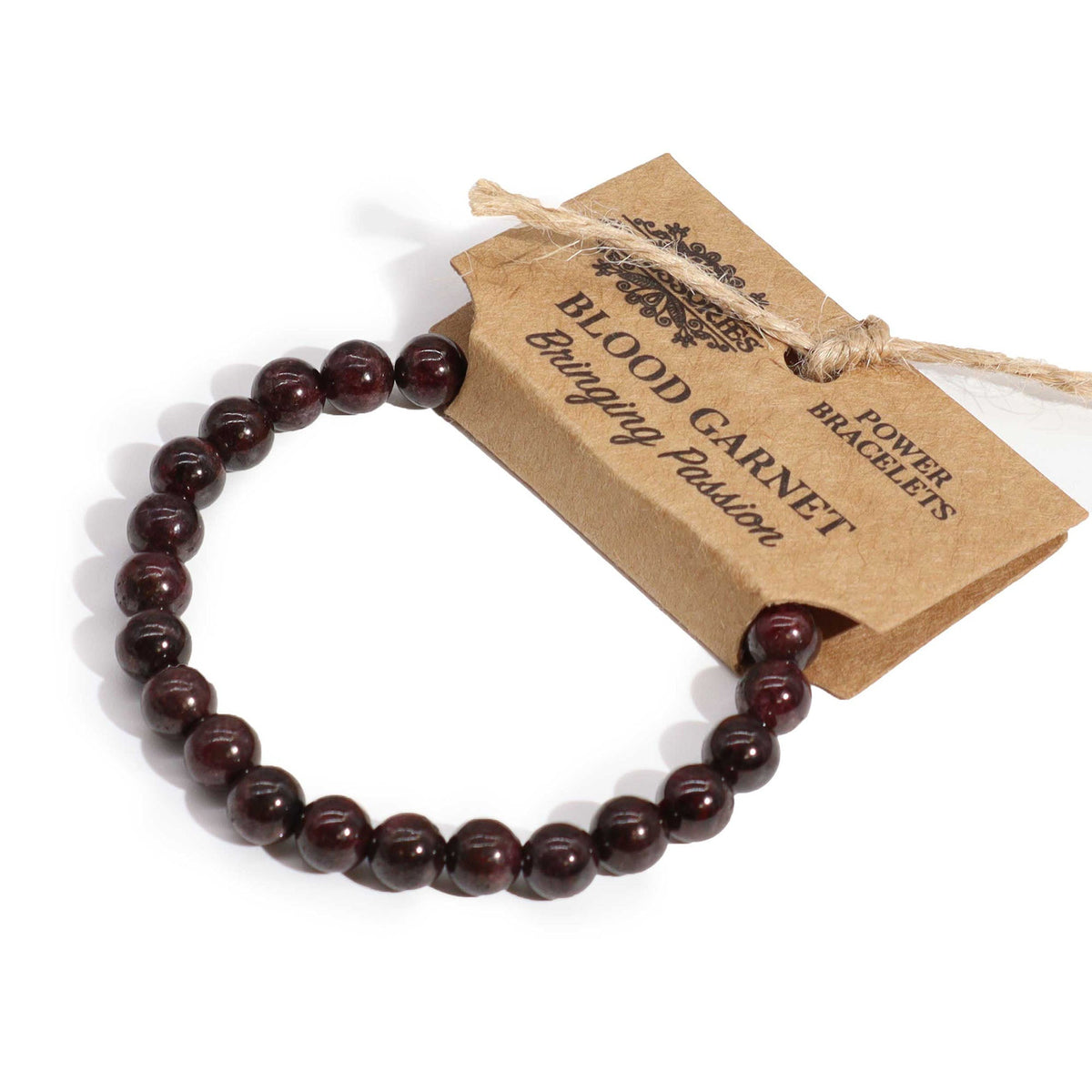 Blood Garnet Gemstone Power Bracelet - 7 × 0.8cm, dark red round beads with subtle colour variation and an attached card, by Quintessential Holistic Health Ltd