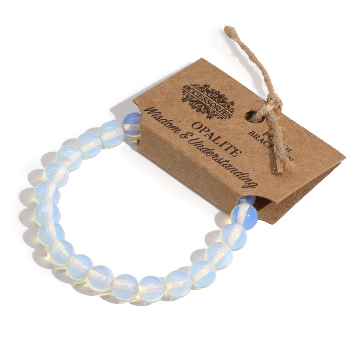 Gemstone Power Bracelet - Opalite with milky blue-white round beads and a branded card, by Quintessential Holistic Health Ltd