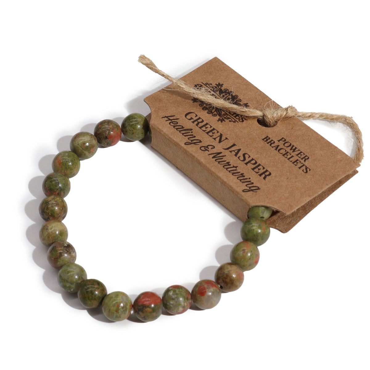 Green Jasper Gemstone Power Bracelet - 7 × 0.8cm with mottled green and brown round beads and a branded card, by Quintessential Holistic Health Ltd