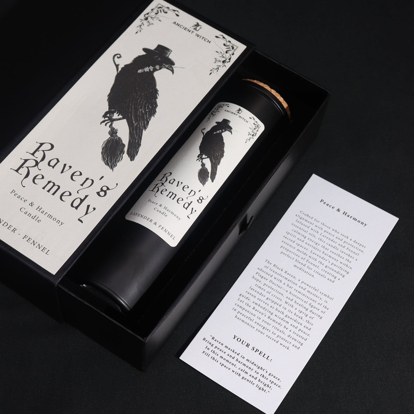 Ancient Witch Ritual Candles - Ravens' Remedy - Peace and Harmony in an open black box beside a printed card on black by Quintessential Holistic Health Ltd