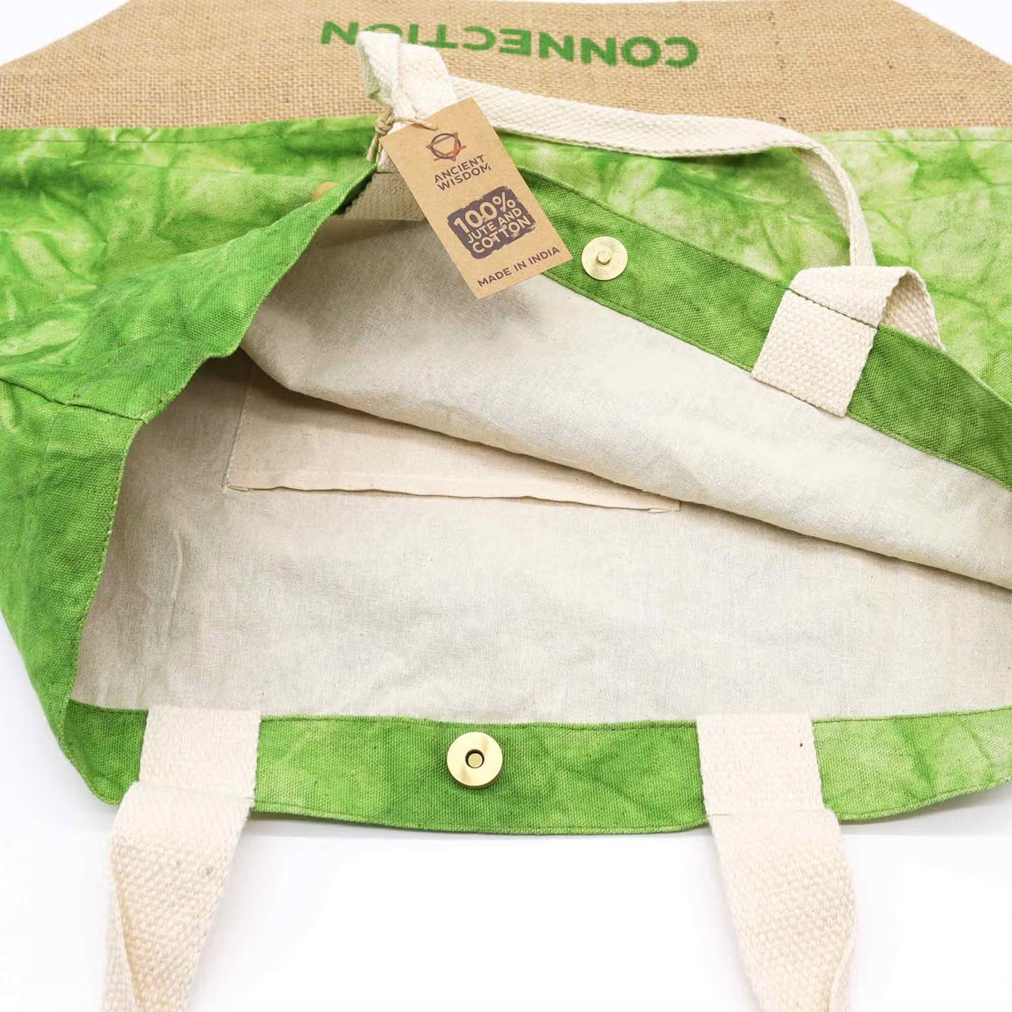 Stonewash Green All Natural Eco-Friendly Jute and Cotton Tote Bag - Tree of Life / Connection