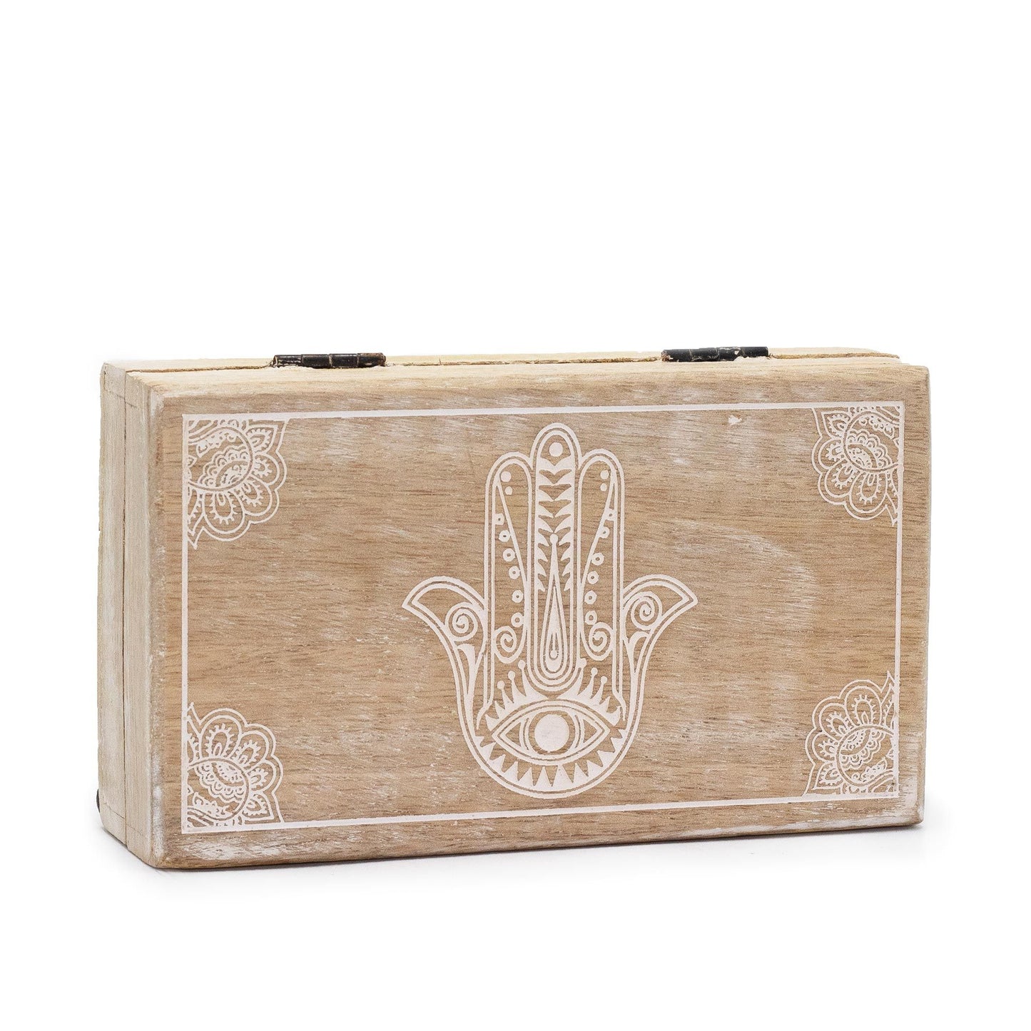 Natural Mango Wooden Keepsake Box - Medium / Rectangular / Whitewash / Hamsa