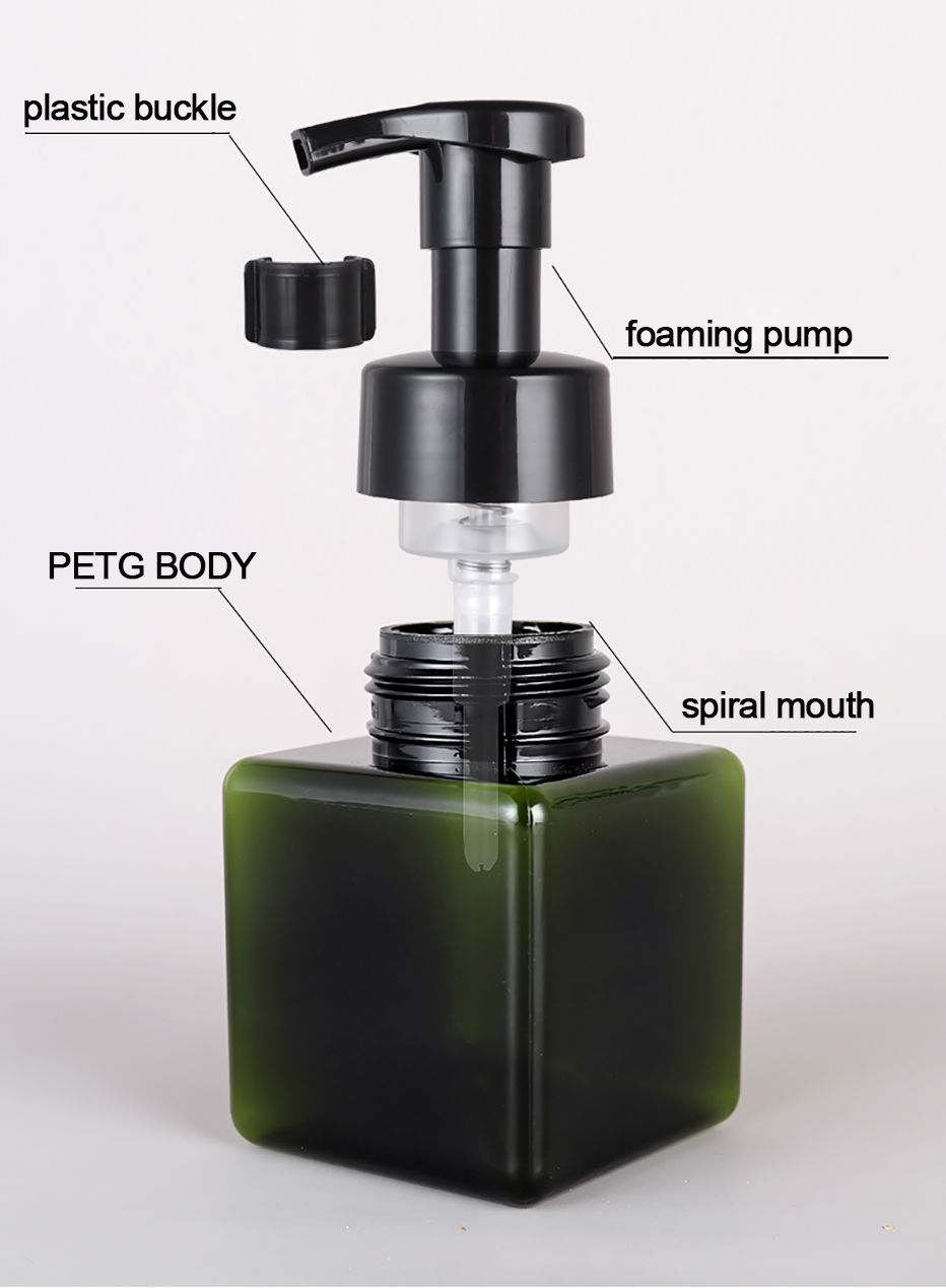 Green 250ml reusable squat foam dispenser bottle with pump, main product view from Quintessential Holistic Health.