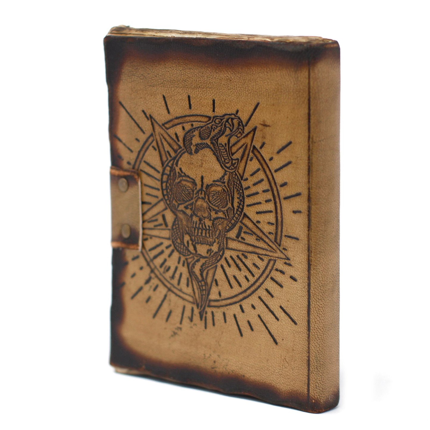 Handmade Leather-Bound Eco-Friendly Notebook with Metal Clasp and Burnt Edges - Medium / Tan / Pentagon and Skull