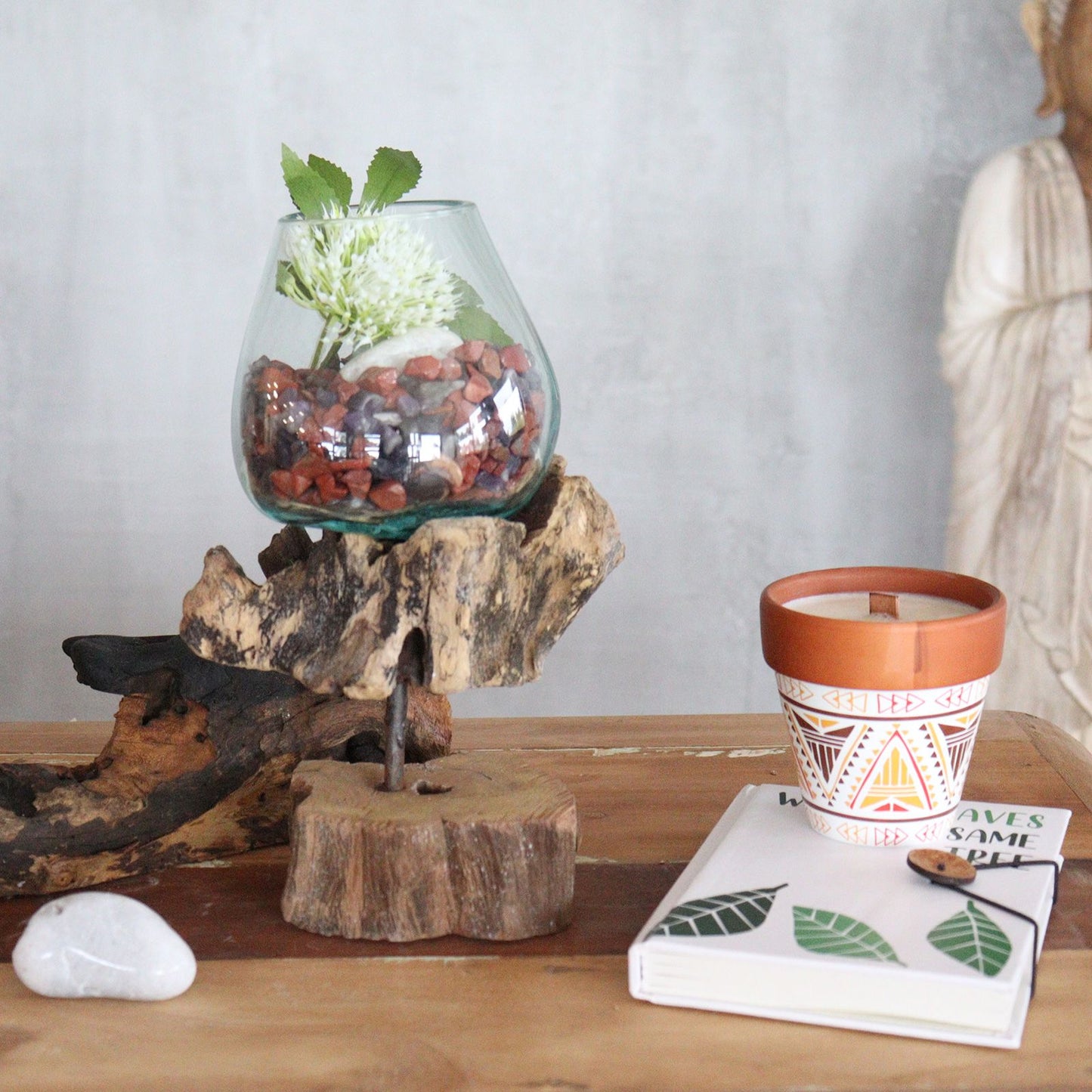 Handmade Molten Recycled Glass Vase on Wood Stand - Large / Oval / Clear / Light Blue