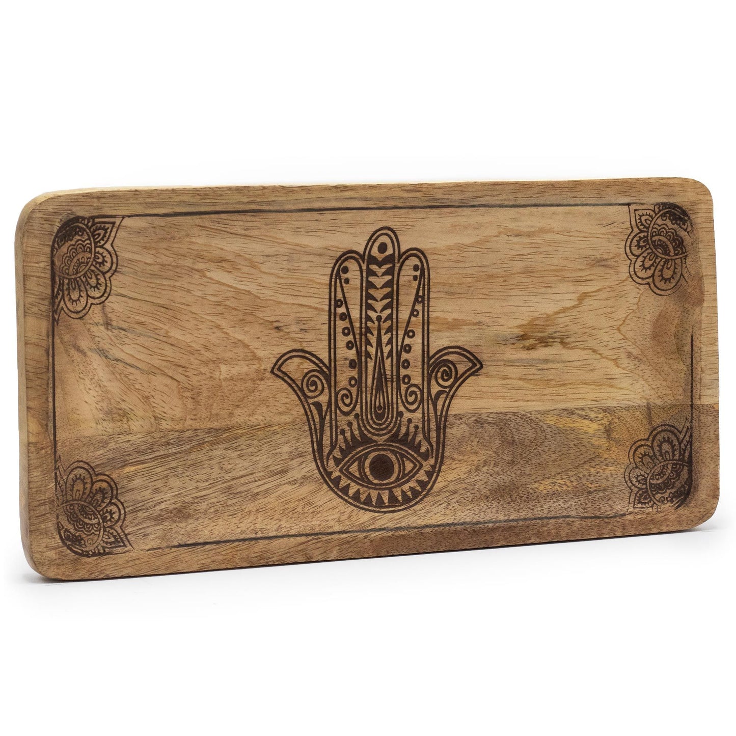 Natural Mango Wooden Tray - Rectangular / Black / Hamsa